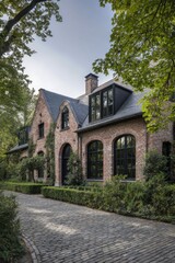 Fototapeta premium Elegant brick house surrounded by lush greenery on a quiet street in the late afternoon, exemplifying classic architecture with modern touches and a welcoming driveway