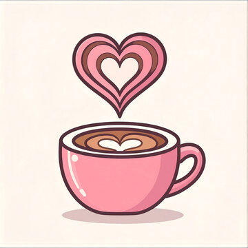 Pink Coffee Cup with Heart Latte Art  Cute Love Coffee Illustration