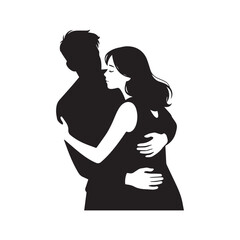  A vector illustration of a black silhouette of a man and a woman hugging.