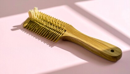 A wooden-handled brush with golden bristles rests on a light pink surface. Its bent tips and soft shadows evoke tactile detail, quiet wear, and the textured elegance of everyday design.