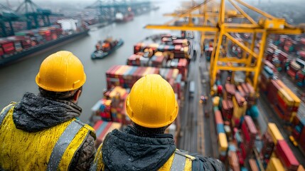Two port authority engineers in yellow hard hats and safety vests stand on a container ship, overseeing logistics and global shipping operations.