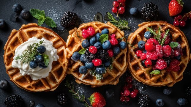 Vegan waffles with coconut cream and mixed berries, clean and modern styling