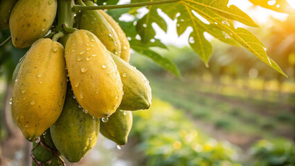 Papaya hanging tree with water drop in garden, Papayas tree in natural warm sunlight background