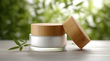 3D depiction of a refillable skincare jar with eco-friendly bamboo lid