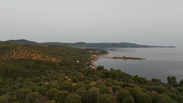 Aerial Drone Shot Over Forest and Coastline in Paliouri, Kassandra, Halkidiki, Greece at Sunrise on a Hazy Morning.