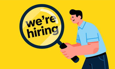 Man with Magnifying Glass Recruiting for Job Hiring Campaign
