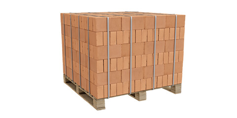 Buff Tan Bricks are stacked in specific interlocking pattern on a wooden pallet and strapped with plastic bands for stability during transport. Isolated on transparent background. 3D illustration.