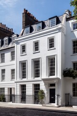 Fototapeta premium Contemporary white townhouse with large windows situated on a quiet street in a historic neighborhood during a sunny day