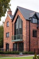 Modern brick house with large windows and balcony in a suburban neighborhood surrounded by greenery and trees during daytime