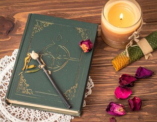 Fototapeta premium Antique Book with Candle and Rose Petals on Wooden Table in Gentle Warm Light