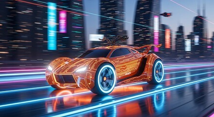 Futuristic orange sports car with glowing circuits driving through a neon city at night