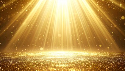Golden light beams descend onto a shimmering surface, scattering radiant particles in a celestial glow. The ethereal scene evokes divinity, mystery, and the transcendent beauty of illumination.
