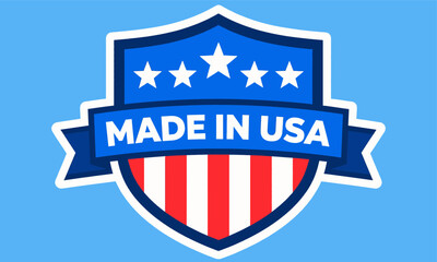 Patriotic Shield Badge: Made in USA, Stars and Stripes, Blue Background