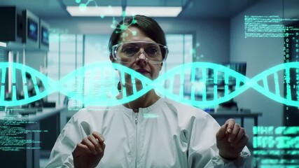 Female scientist in laboratory examines dna double helix hologram. Genetic research, biotechnology innovation, and molecular biology analysis with advanced digital visualization technology. - Powered by Adobe