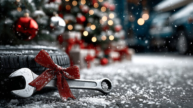 Winter festive celebration with a tire, a wrench with a red ribbon, and decorated Christmas tree in snowy setting. Christmas and New Year greetings from the car service, auto repair shop. ?opy space
