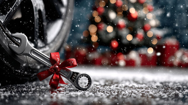 Car service. Wrench tied with a red ribbon resting lies next to car tire, tree and Christmas gifts. Christmas and New Year greetings from the car service, auto repair shop. Сopy space - Powered by Adobe