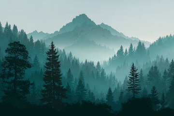 Fototapeta premium Misty mountain forest landscape serene nature scene tranquil evergreen trees hazy peaks
