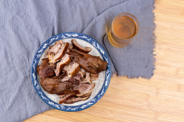 Marinated duck meat and beer beverages