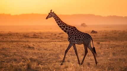 Obraz premium Majestic giraffe silhouetted against a vibrant african sunset with hazy golden light illuminating the savannah landscape