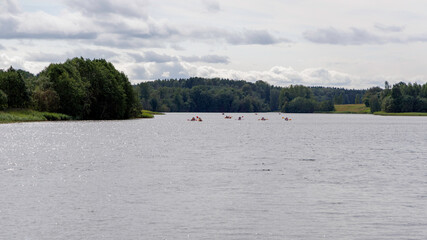 Kayak Group on a Calm Lake