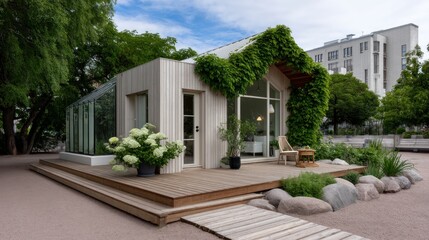 Modern light-beige tiny house with a verdant exterior, situated on a wooden deck, surrounded by greenery
