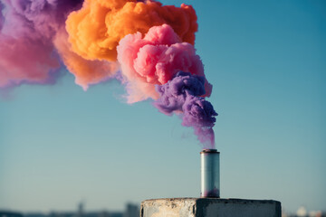 Vibrant Colorful Smoke Emanating from Canister Against Clear Blue Sky
