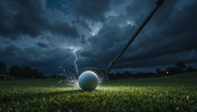golf ball on a green field under dark stormy clouds with lightning in the background