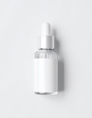 Clear Glass Bottle with White Dropper Lid and Label for Cosmetic Serum on White Backdrop
