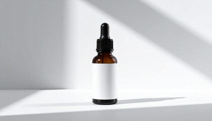 Amber Glass Dropper Bottle with White Label on White Surface with Window Shadows