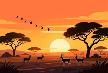 Savannah Sunset with Gazelles and Acacia Trees