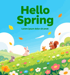 Spring Animals in Flowery Meadow Under Blue Sky