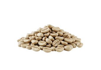 Small, neat pile of pristine, pale green, unroasted coffee beans with smooth texture, centered on a seamless transparent background with extensive copy space, concept of natural purity and high