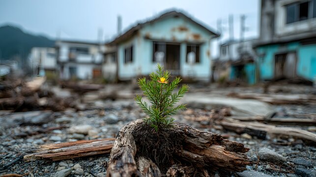 Emotional aftermath of a tsunami with wreckage washed ashore. A single resilient green plant grows through the debris, symbolizing hope and recovery.
