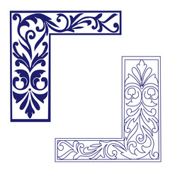 Vector floral corners set, black, blue on white. Eps 10. Vector illustration.