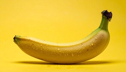A ripe banana rests horizontally on a vibrant yellow background, glistening with water droplets. The monochrome palette and clean composition evoke freshness, simplicity, and cheeky visual humor.