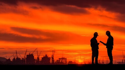 Silhouettes of two engineers review blueprints on a construction site. They are framed against a spectacular and dramatic orange sunset symbolizing vision.