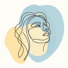 Minimilist continuous line drawing of a woman's face with blue and yellow abstract shapes in the background vector
