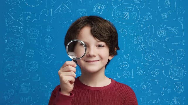 Smiling child holding magnifying glass against a colorful illustrated background