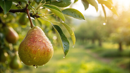 Pear hanging on tree with water drop in garden, Pear on tree in natural warm sunlight background