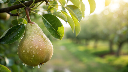 Pear on tree with water drop in garden, Pears on tree in natural warm sunlight background