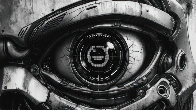 Close-up of a futuristic mechanical eye - Powered by Adobe