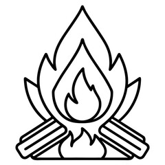 Minimilist illustration of a campfire with flames and logs in black outline on a white background design element vector