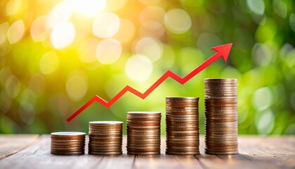 Growing Stacks of Coins with Rising Red Arrow / 成長するコインと上昇する赤い矢印