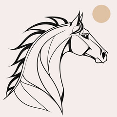 Minimilist stylized horse head outline with flowing mane and a circle in the upper right corner design vector vector