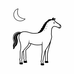 Minimilist illustration of a standing white horse with black mane and tail under a crescent moon in the sky vector