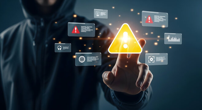 Cybersecurity threat alert with hacker interacting with warning symbols