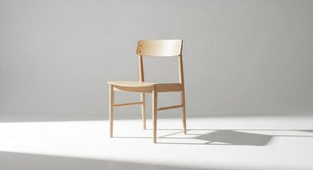 Simple Light Wooden Chair in Minimalist White Room.