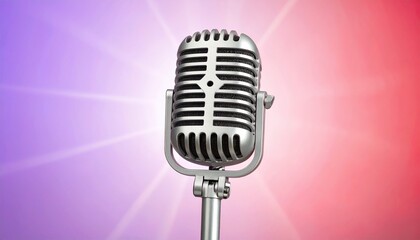 A vintage-style metallic microphone stands slightly off-center against a gradient backdrop of pink, purple, and blue. Its classic grill and soft glow evoke voice, memory, and the romance of sound.