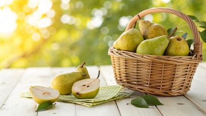 Pears in basket on tiled surface in natural warm sunlight background