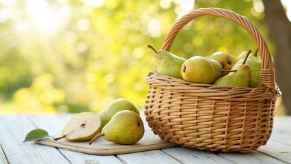 Pear in basket on surface in natural warm sunlight background